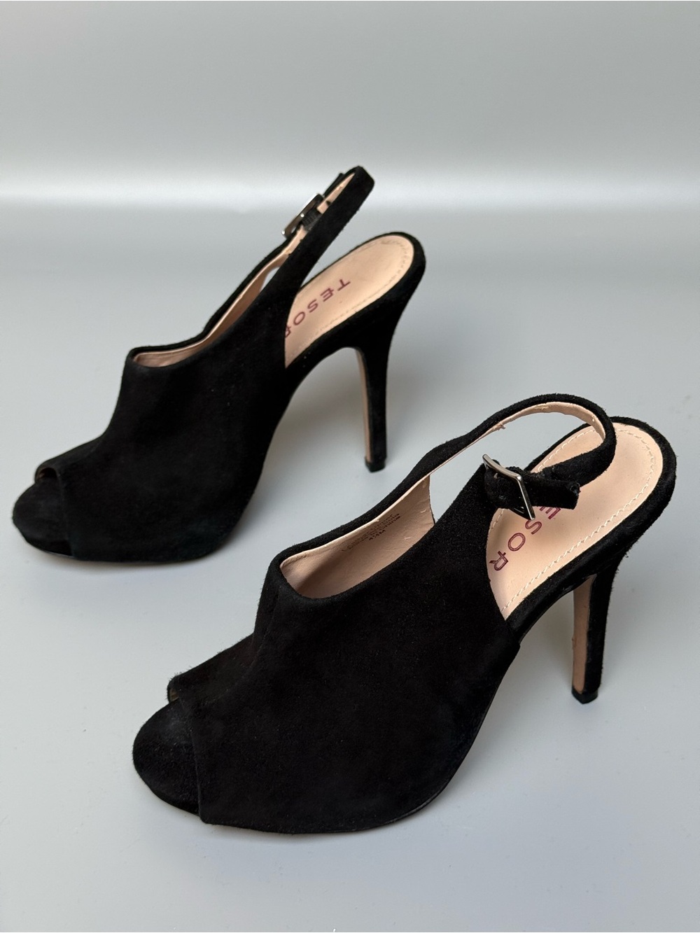 Tesori Black Suede Peep Toe Slingback Heels Leather Upper Size 4.5